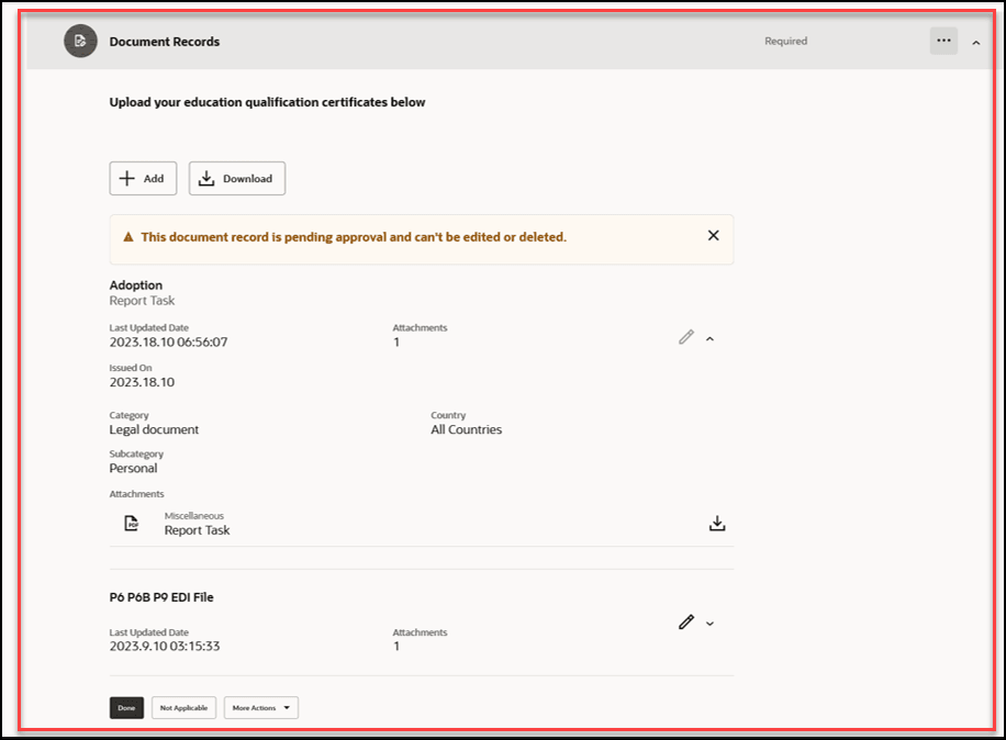 埋込みアプリケーション・タスクの文書レコード詳細を入力するためのスクリーン・キャプチャ。