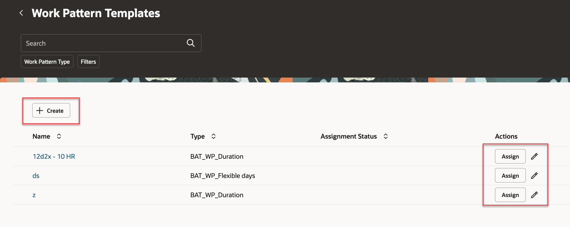 「勤務パターン・テンプレート」ページ