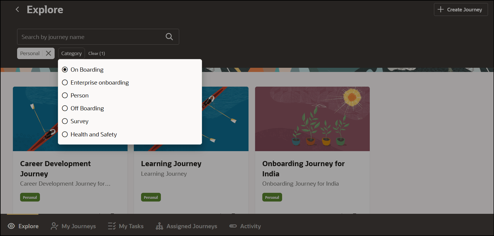 「検討」タブのカテゴリ・フィルタ・チップのジャーニ・カテゴリの選択