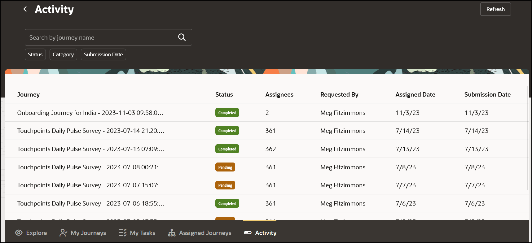 「アクティビティ」タブに適用される送信日フィルタ