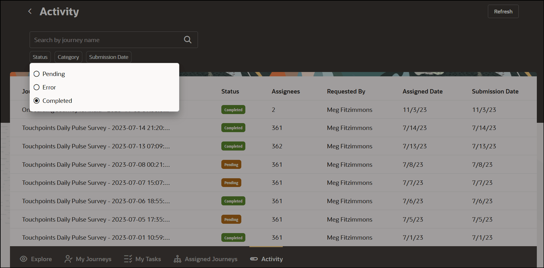 「アクティビティ」タブのステータス・フィルタ・チップのジャーニ・ステータスの選択