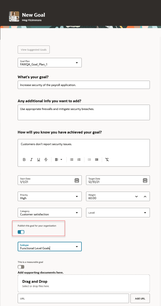組織の「この目標を公開」スイッチが強調表示された「新規目標」ページのスクリーンショット