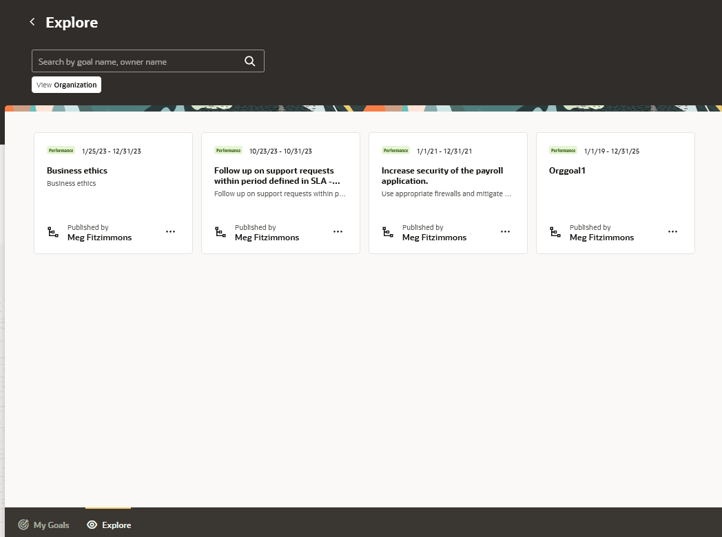 「組織」フィルタが適用された「目標センター」の「検討」タブのスクリーンショット