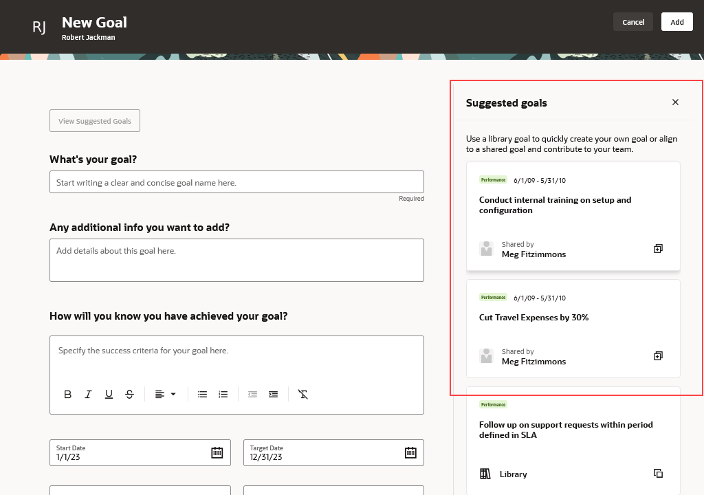「提示された目標」パネルの共有目標が強調表示されたスクリーンショット