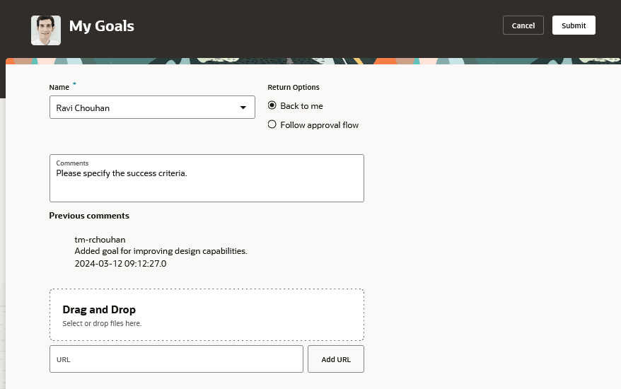 チーム・メンバーの「目標」ページで、マネージャが詳細情報を要求