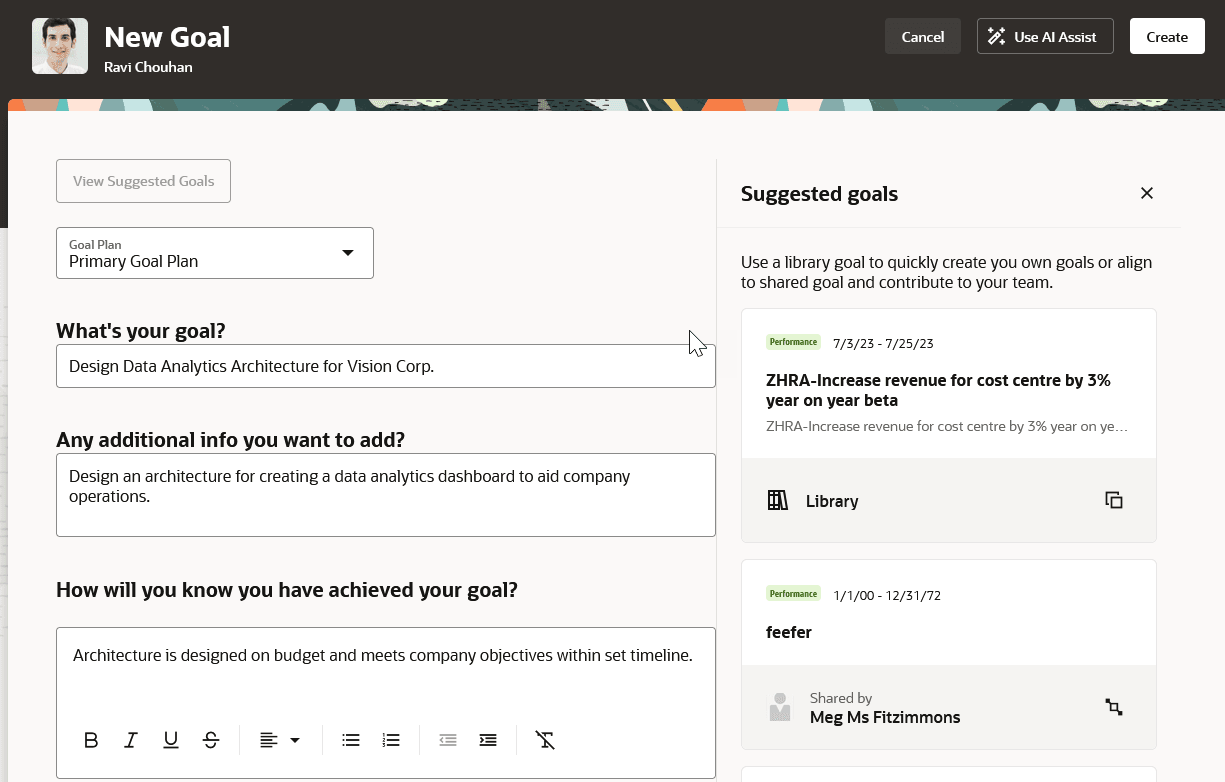 「新規目標」ページのスクリーンショット