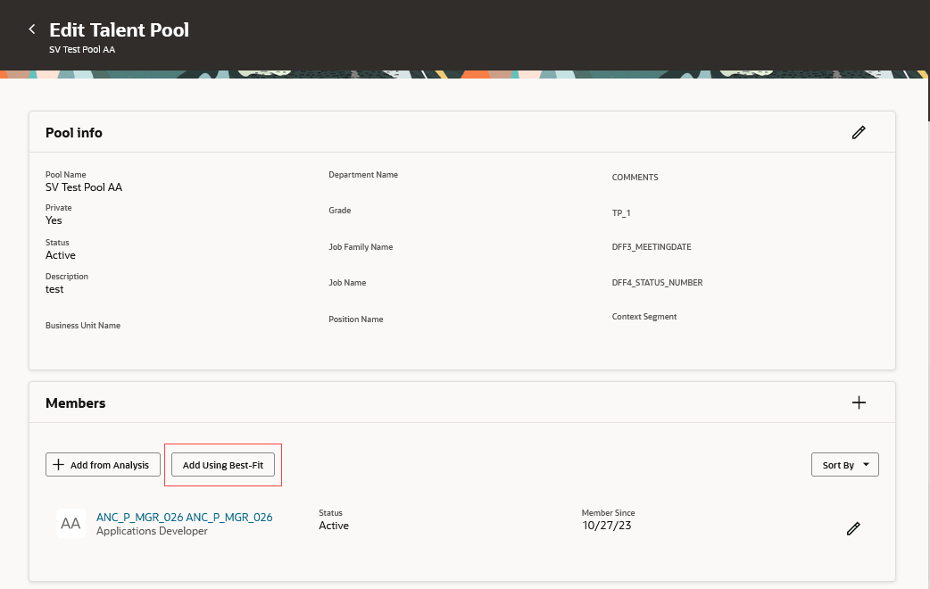 タレント・プール・ページの「メンバー」セクションで強調表示された「ベスト・フィットを使用して追加」ボタン
