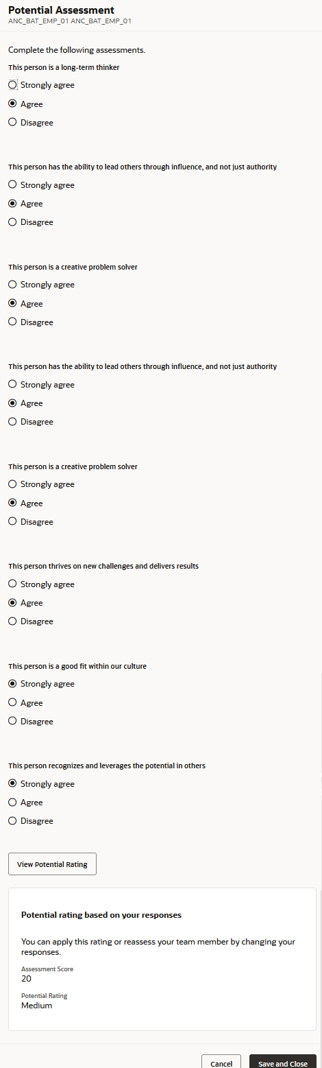 応答および評点が設定された「ポテンシャル・アセスメント」パネル