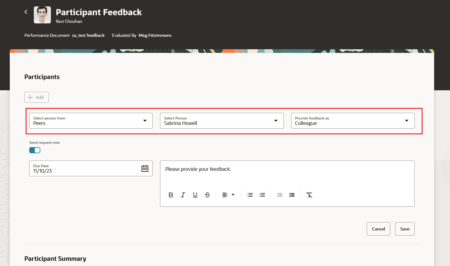 「参加者の選択」値リストが強調表示された「関係者フィードバック」ページのスクリーンショット。