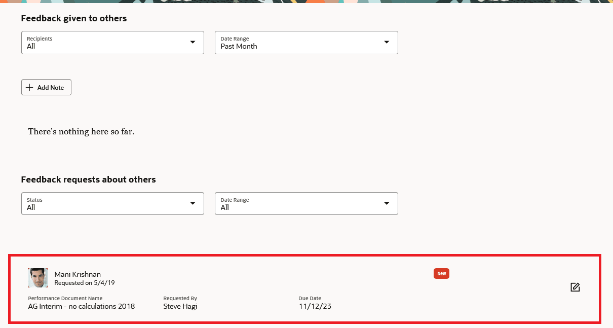 新規関係者フィードバック要求を表示している他のユーザーに与えられたフィードバックがあるRedwoodフィードバック・ページのスクリーンショット。