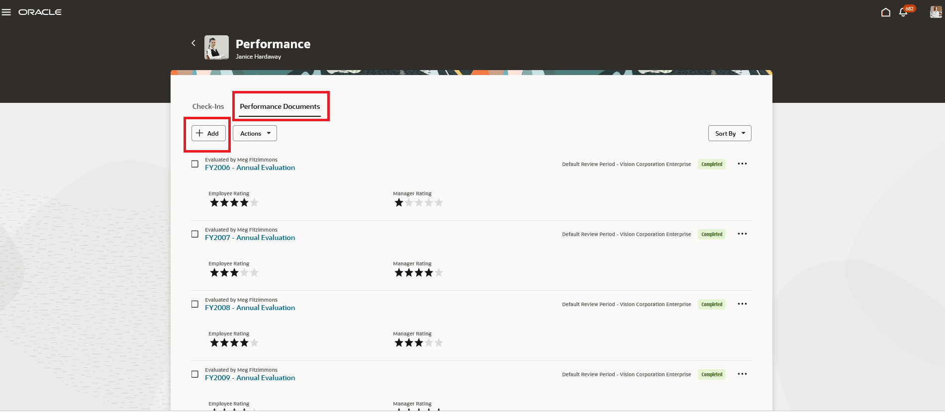 「パフォーマンス文書の追加」処理が強調表示されたRedwoodの「パフォーマンス」ページのスクリーンショット。