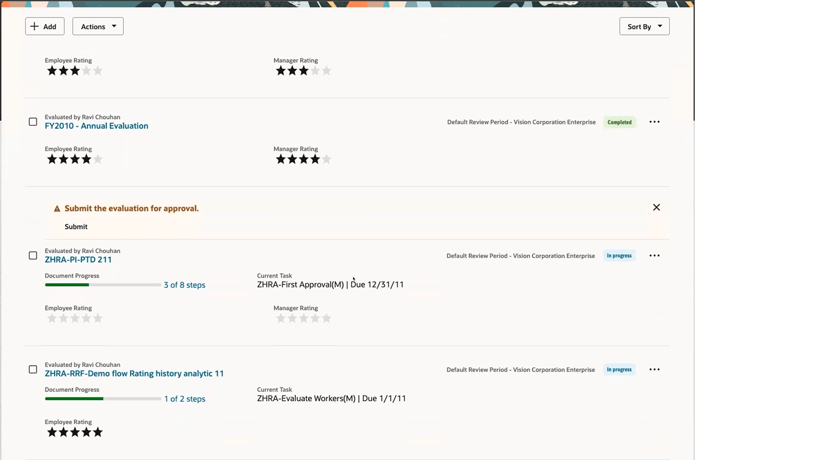 パフォーマンス文書に対して表示されている承認バナー・メッセージを示すスクリーンショット。
