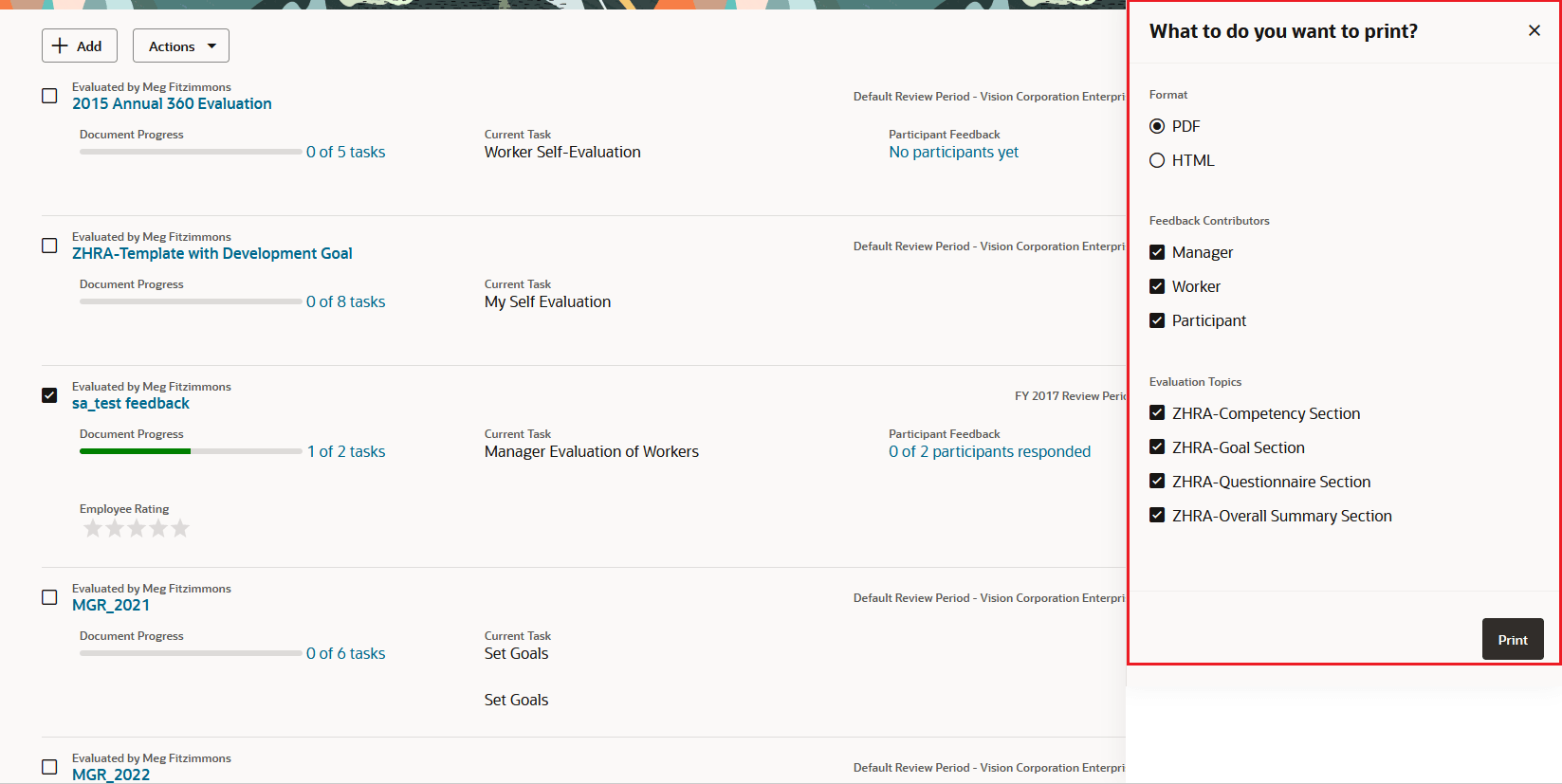 選択したパフォーマンス文書で強調表示された印刷オプションを示すスクリーンショット。