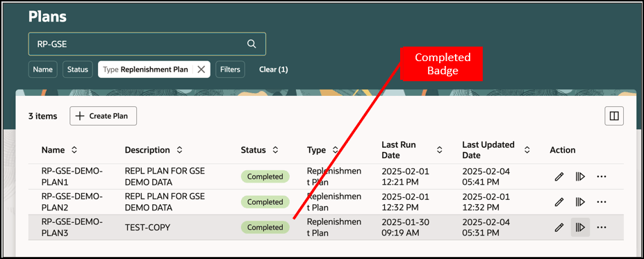 「プラン」ページのプランの「完了」ステータス