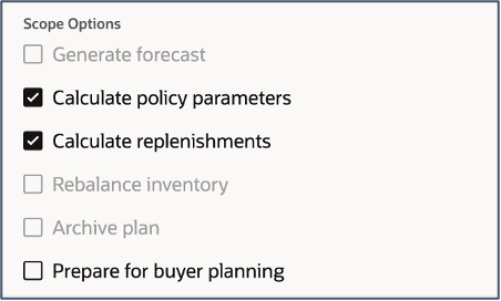 「プランの実行」ドロワーのスコープ・オプション