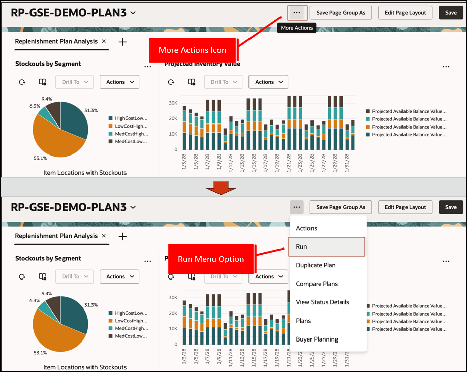 「その他の処理」アイコンと「実行」メニュー・オプション