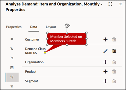 ピボット表のプロパティ・ドロワーの「メンバー」サブタブで選択されたメンバー