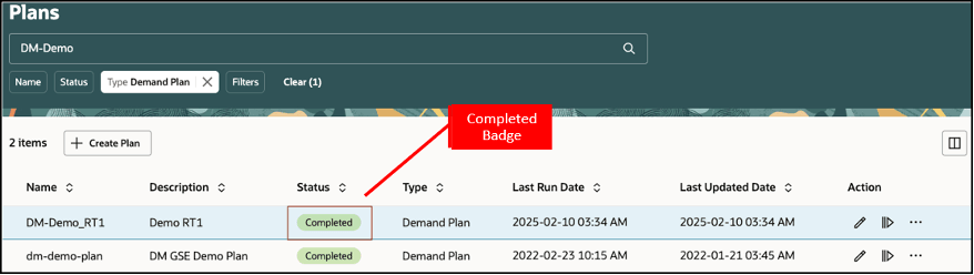 「プラン」ページのプランの「完了」ステータス