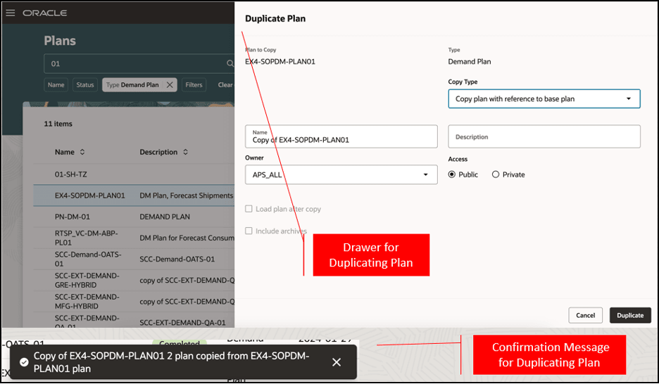 「プランの複製」ドロワーと確認メッセージ