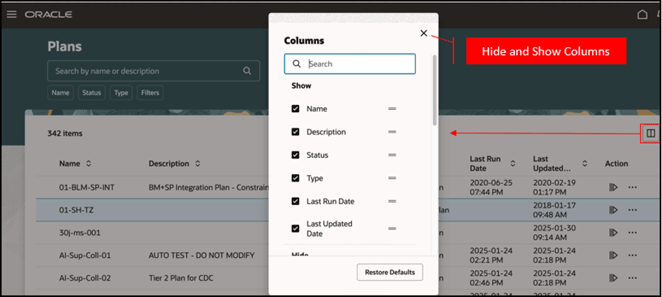 「プラン」ページの「列」ダイアログ・ボックス