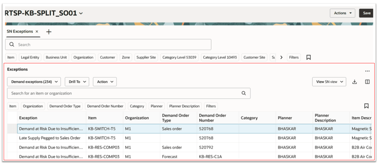 供給プラン・ページに表示されている例外