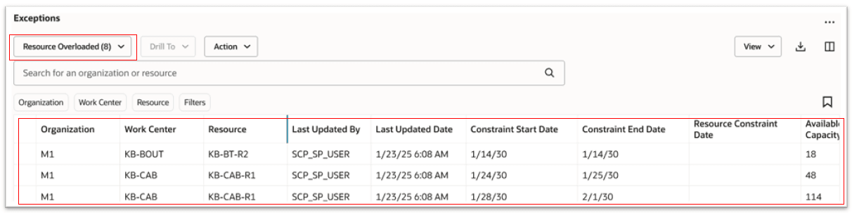 供給プランでのリソース過負荷の例外詳細の例