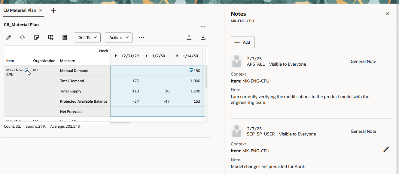 品目に関連付けられたメンバーレベルのノートが表示されている「ノート」ドロワー