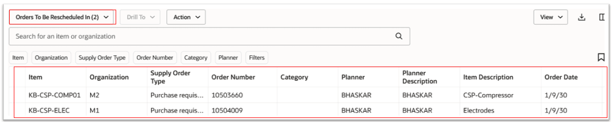 供給プランで再スケジュールされるオーダーの例外詳細の例