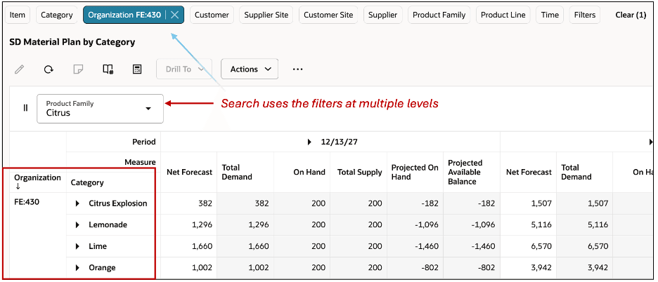 ページレベル検索および表フィルタ