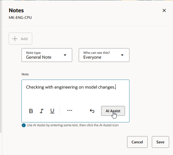 「AI支援」ボタンを選択する前のノート・テキスト