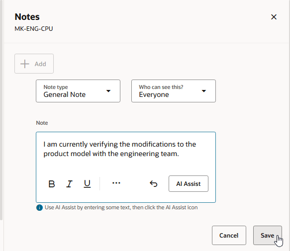 「AI支援」ボタンを選択する前のノート・テキスト