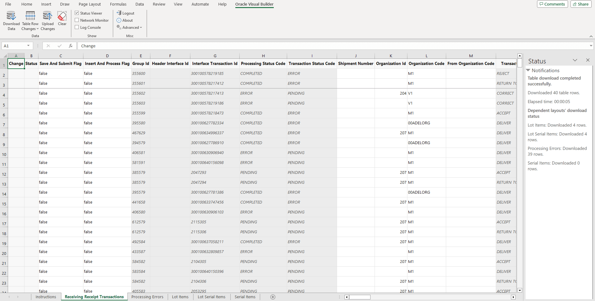 スプレッドシートでの受入トランザクション・インタフェース・レコード