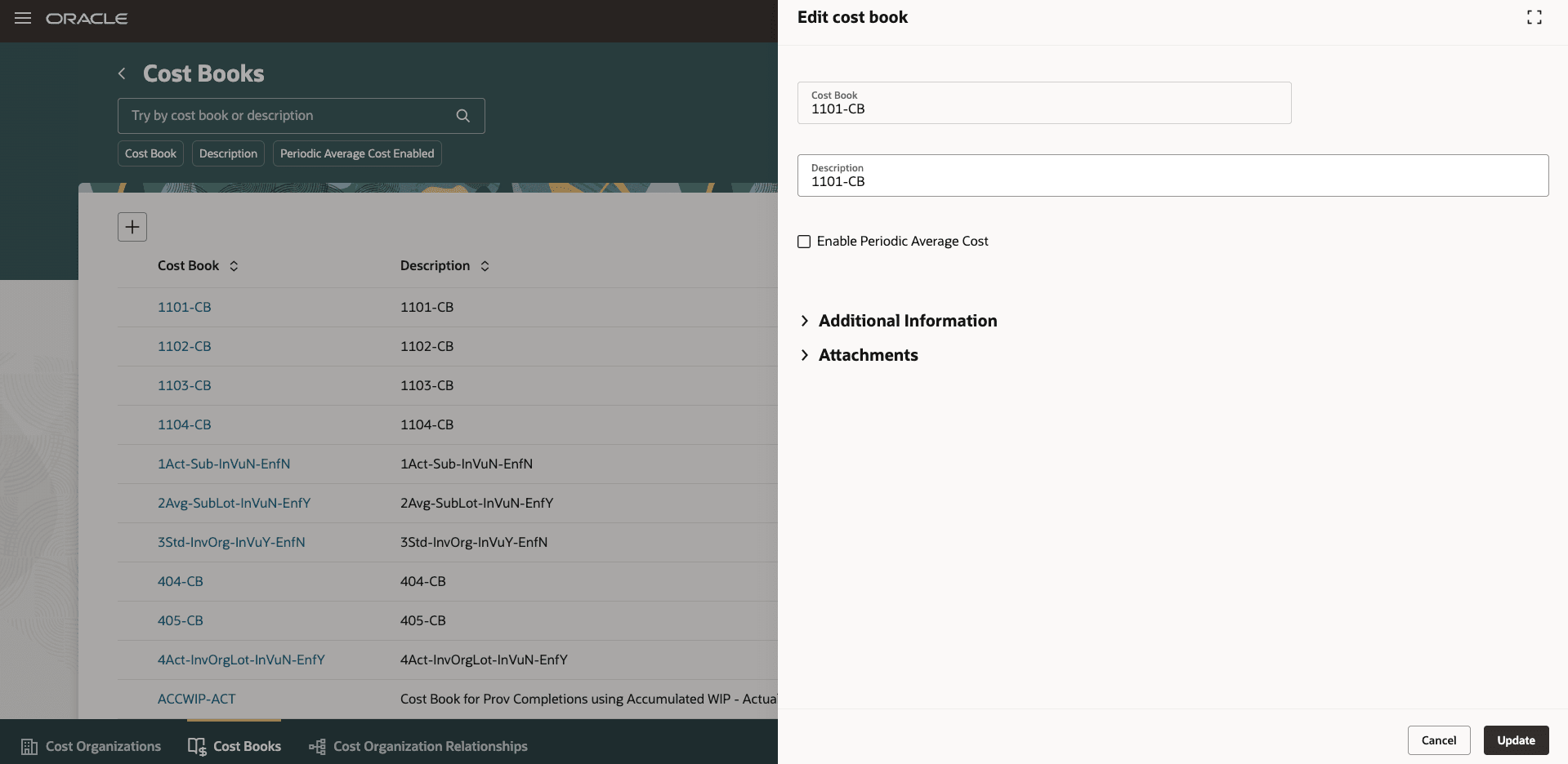 処理ボタンを使用した原価台帳の編集または削除