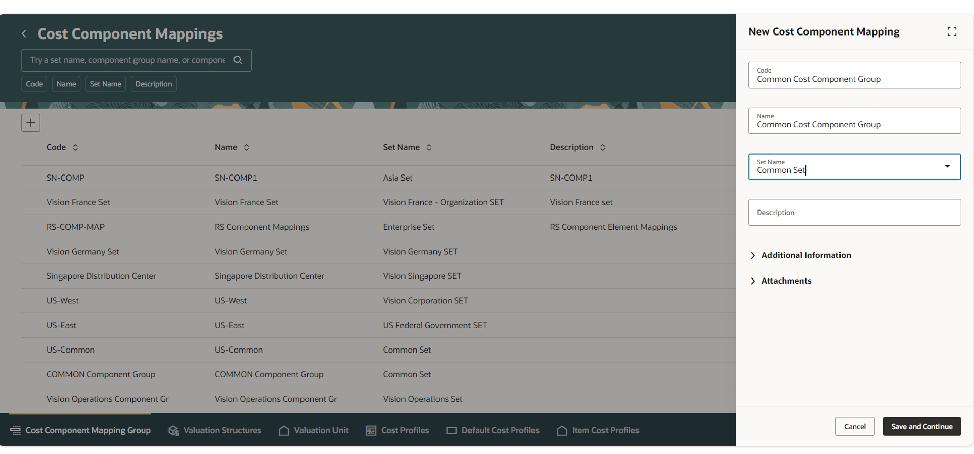 原価コンポーネント・マッピングの作成ページ