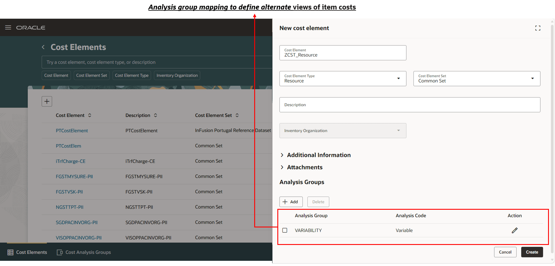 原価要素の作成ページ