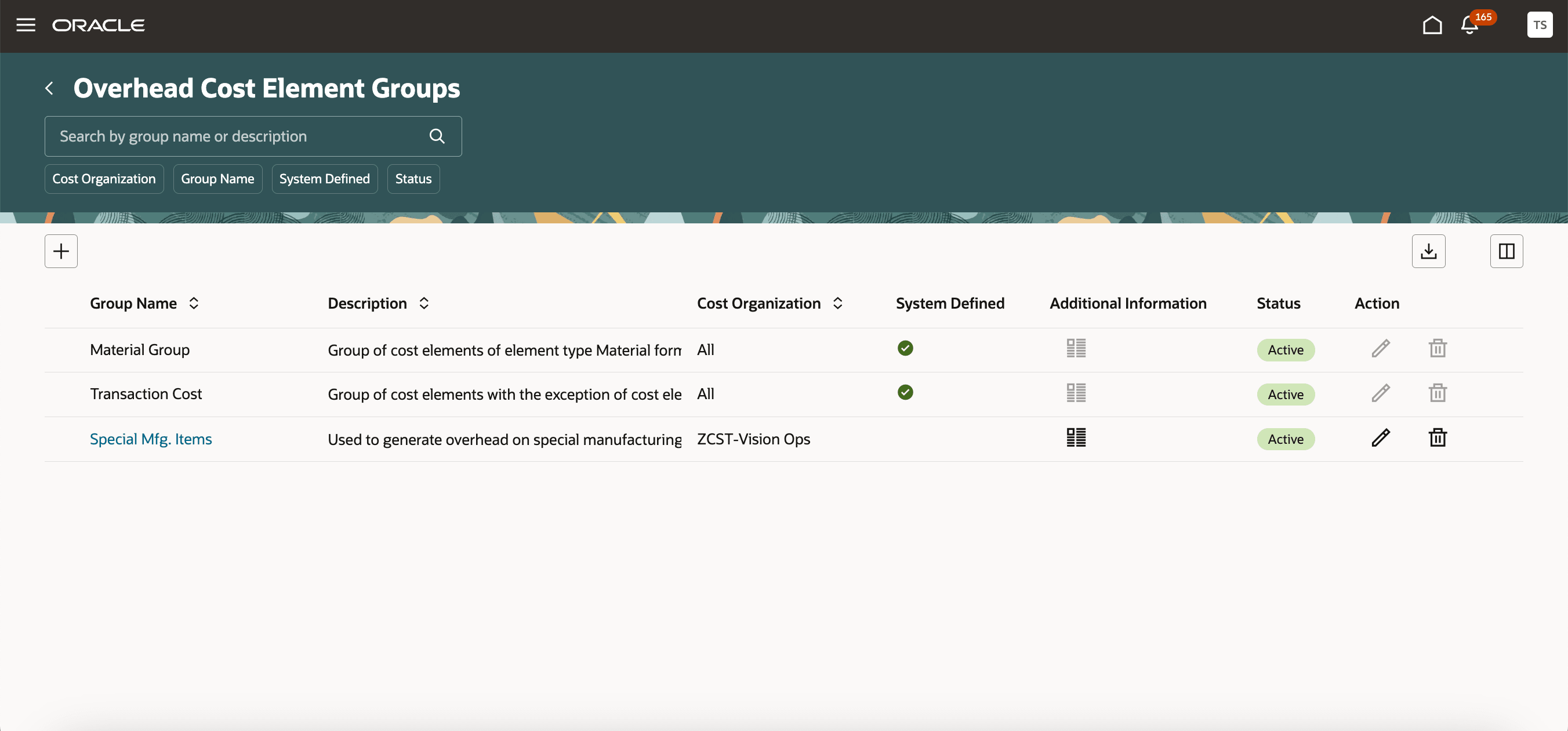 定義済の間接費原価要素グループのリストの表示