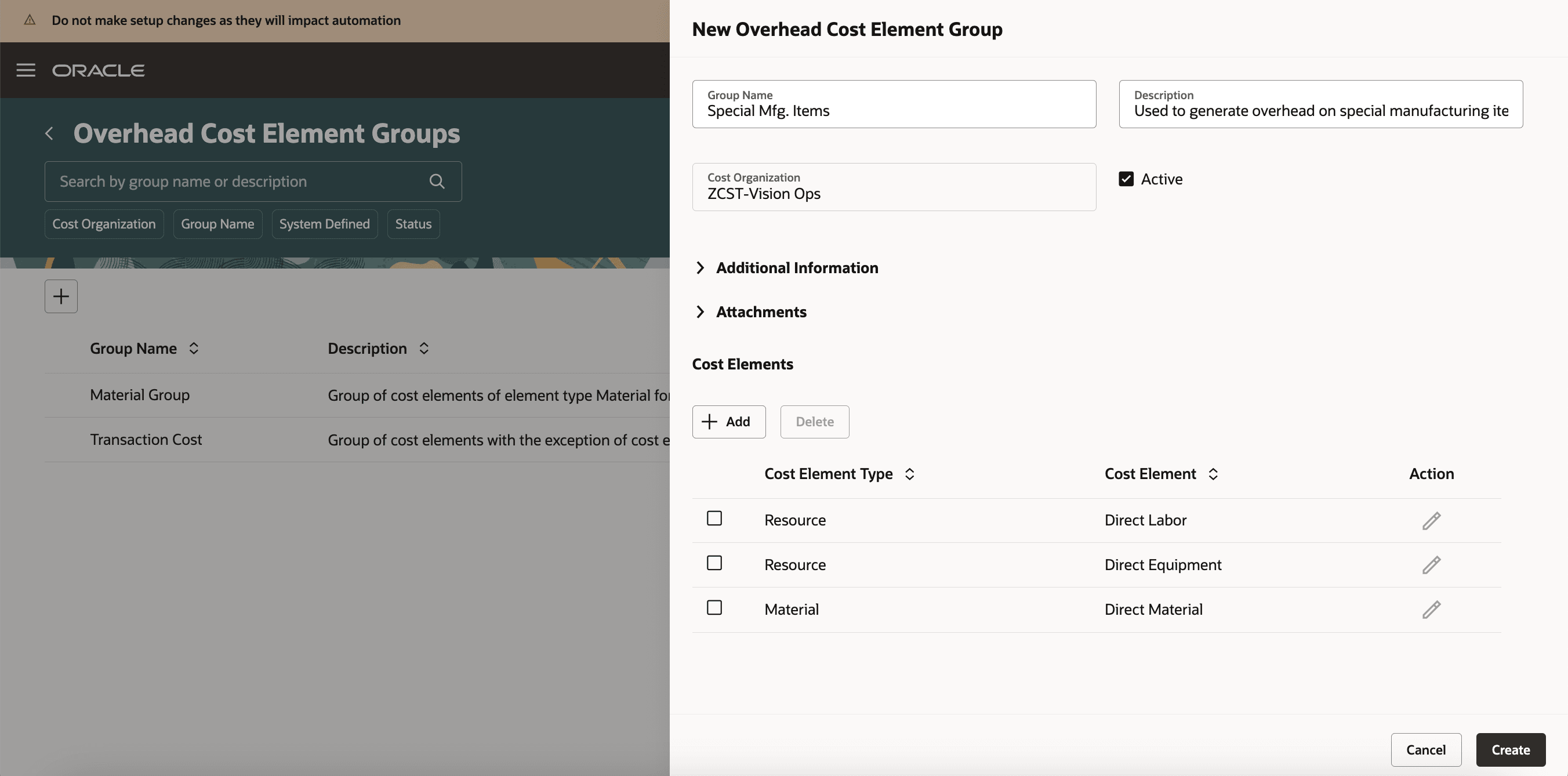新しい間接費原価要素グループの選択