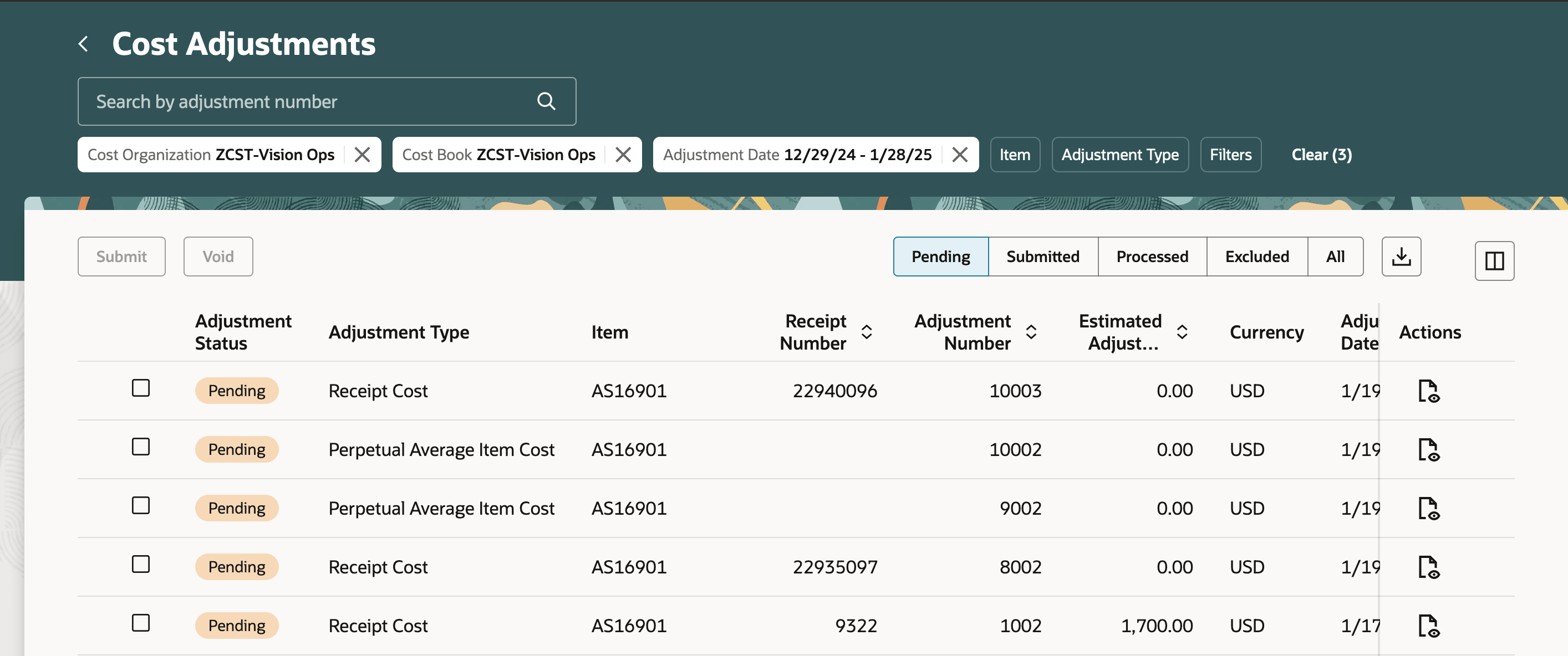 待ち状態の調整が表示されている「原価調整」タブ
