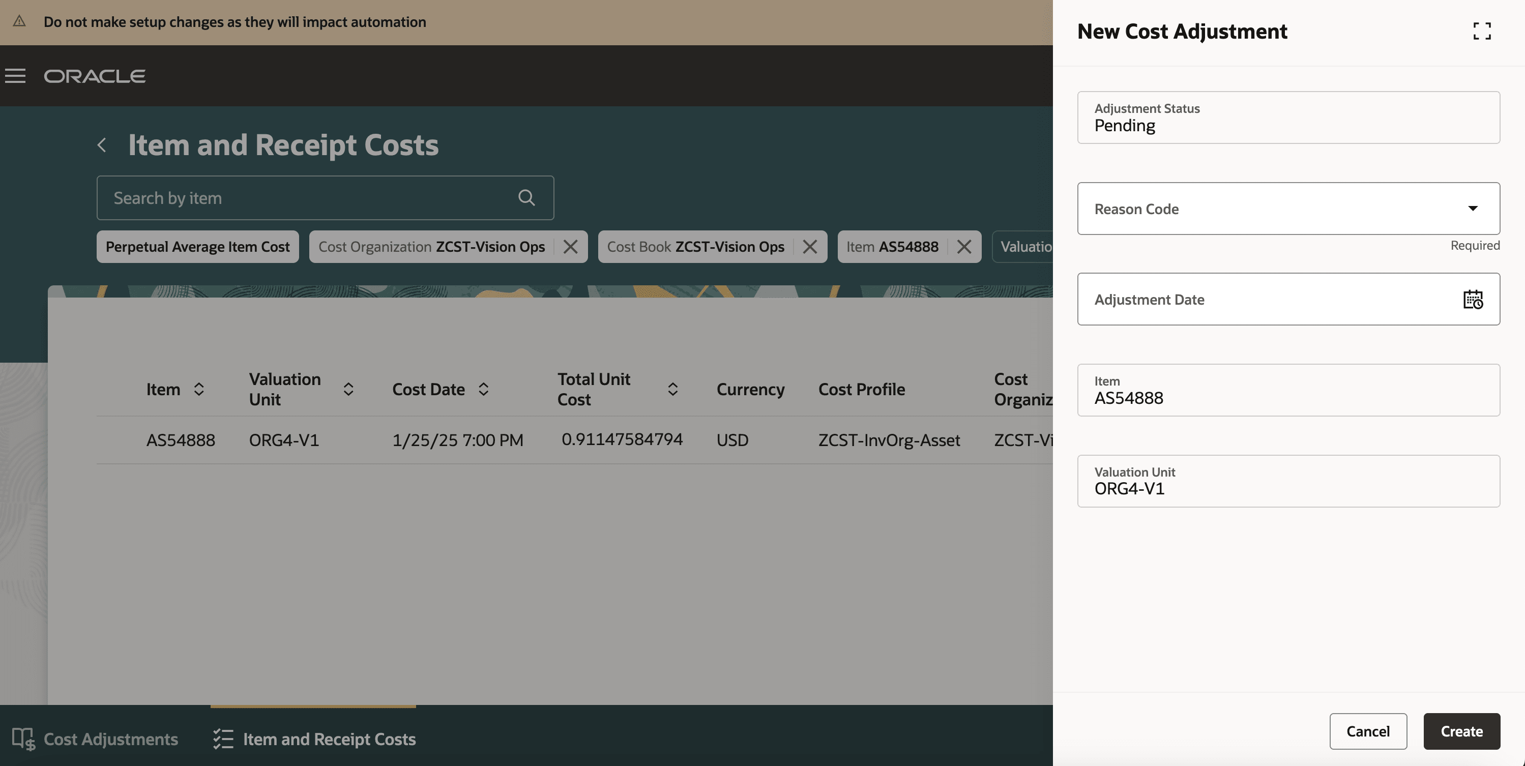 新しい原価調整を作成するためのパネル・ドロワー