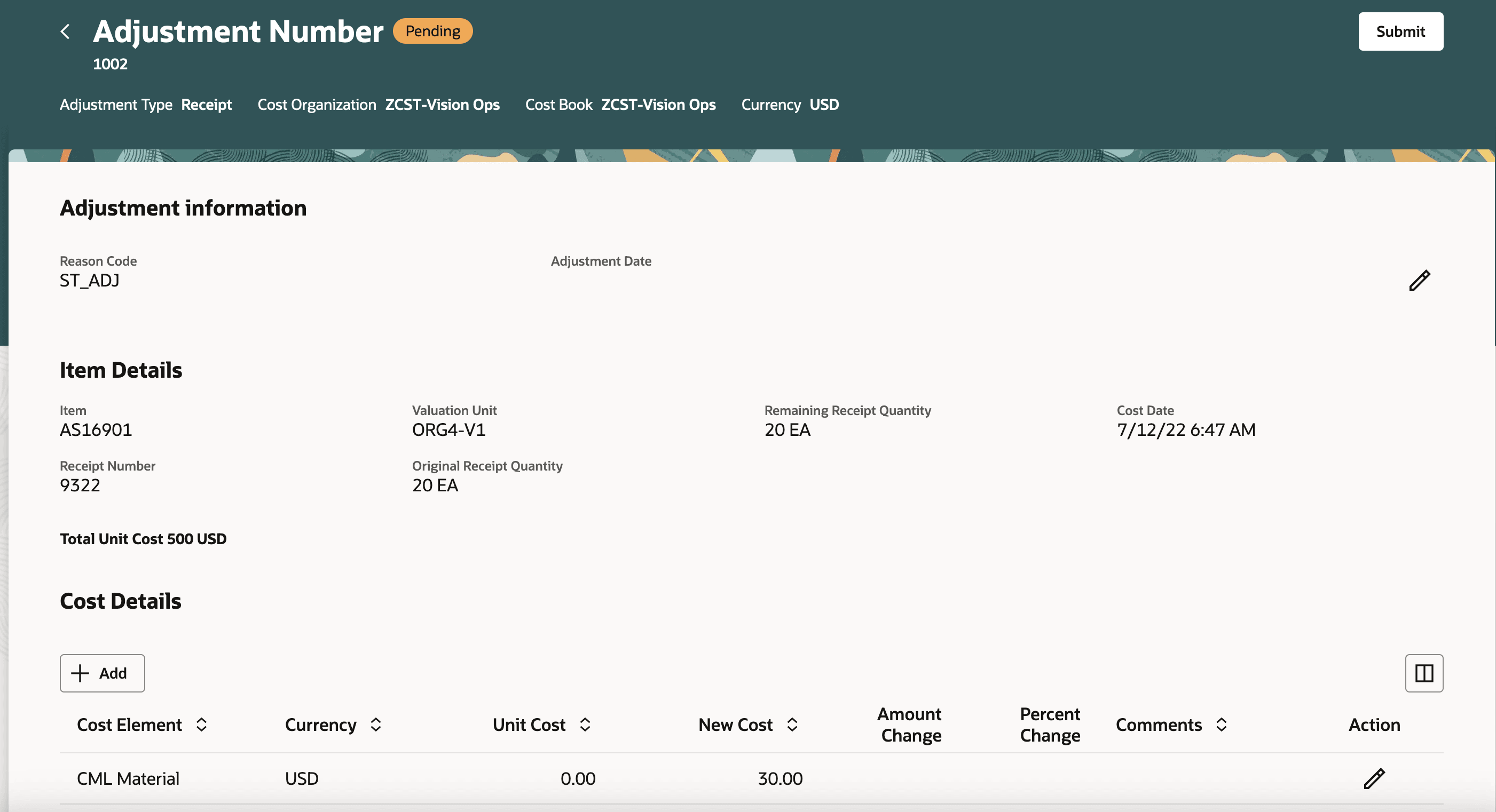 編集および送信が可能な待ち状態の原価調整