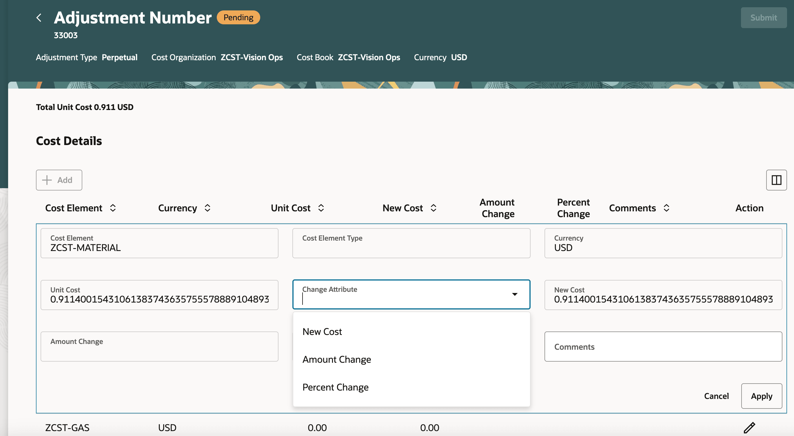 原価調整詳細の編集時に新規原価、金額変更または変更率を入力