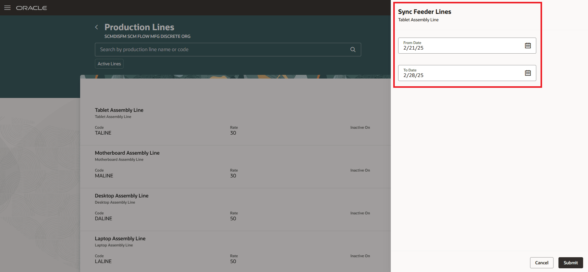 日付範囲のメイン・ラインとフィーダ・ラインの同期
