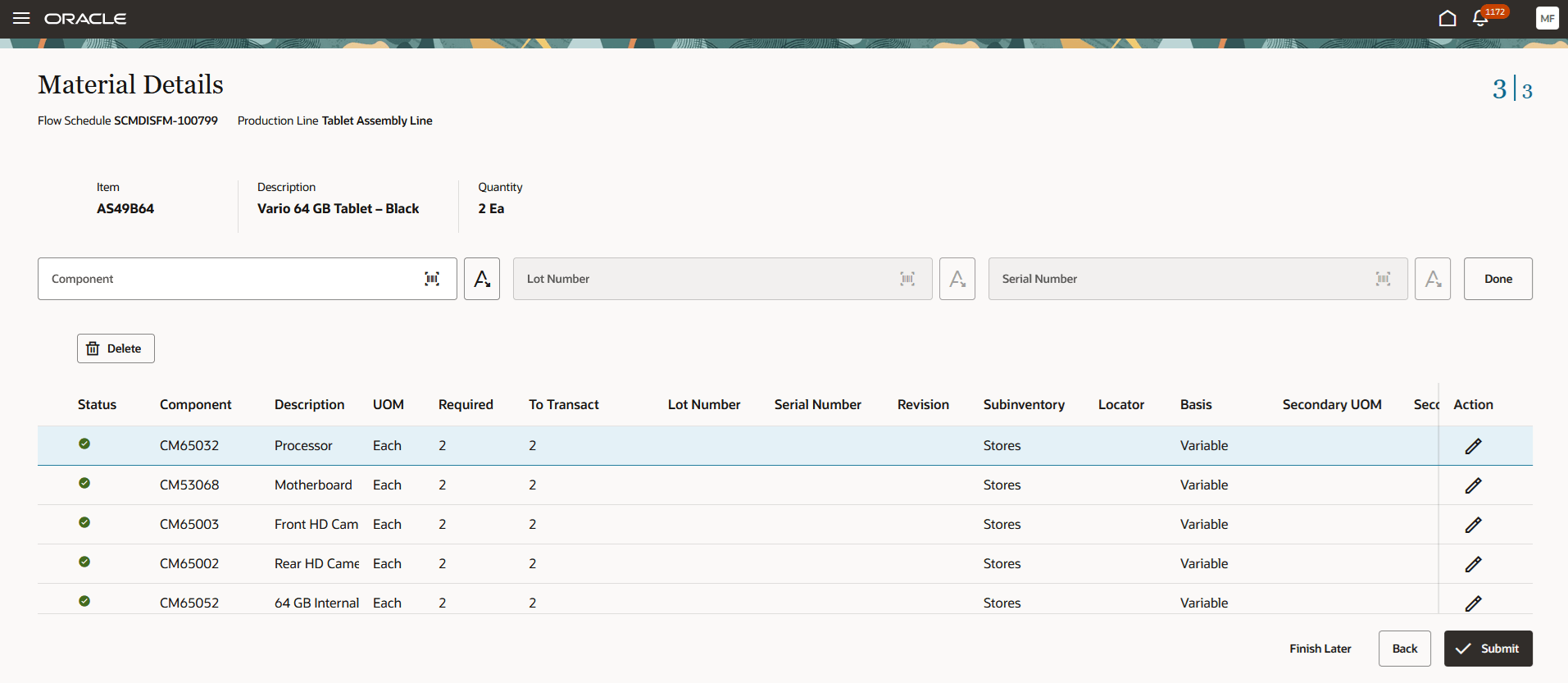 完了および廃棄された合計数量に対する資材のレポート