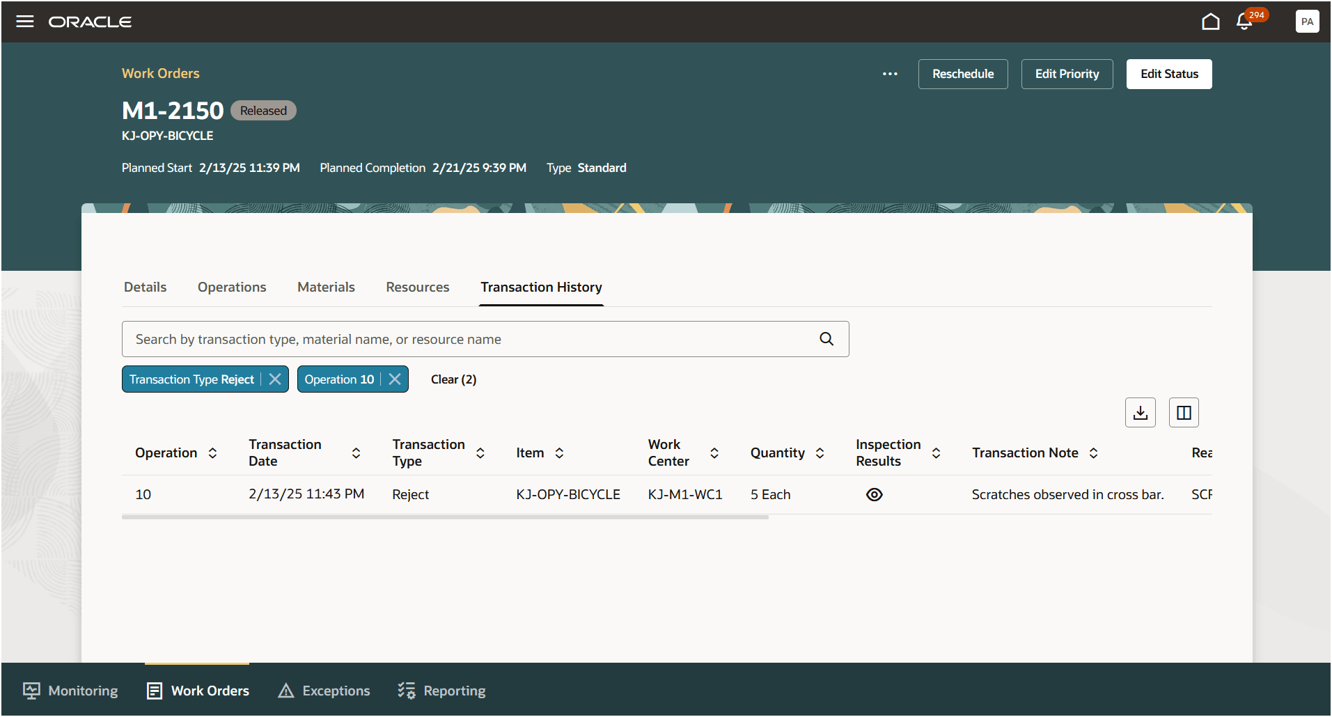 作業オーダーの「トランザクション履歴」タブ