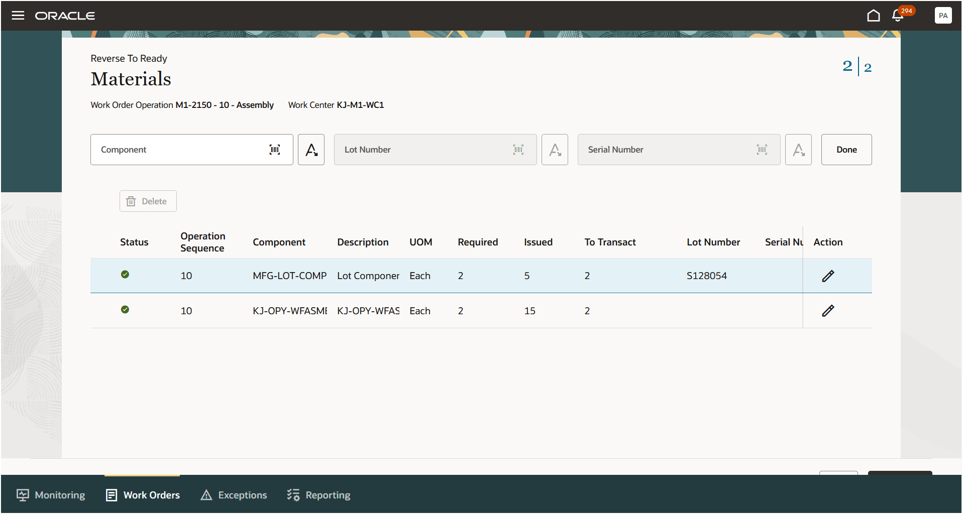 準備完了に戻し処理: 返品する資材の取得。