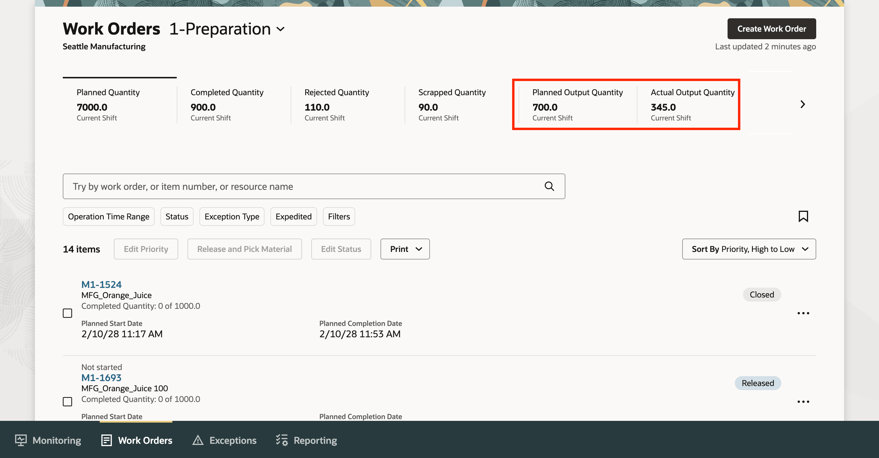 「作業オーダー」ページ