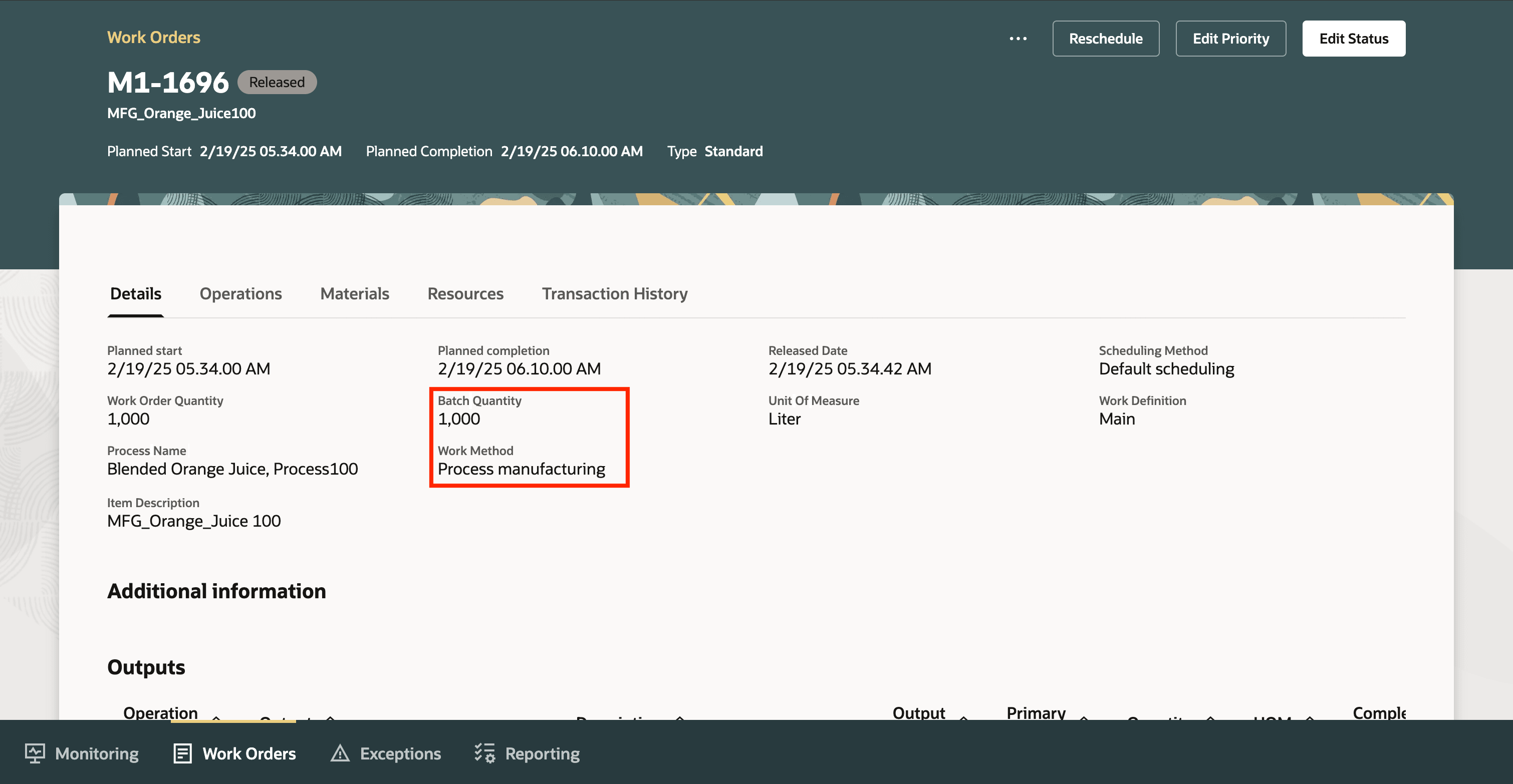 「作業オーダー詳細」タブ
