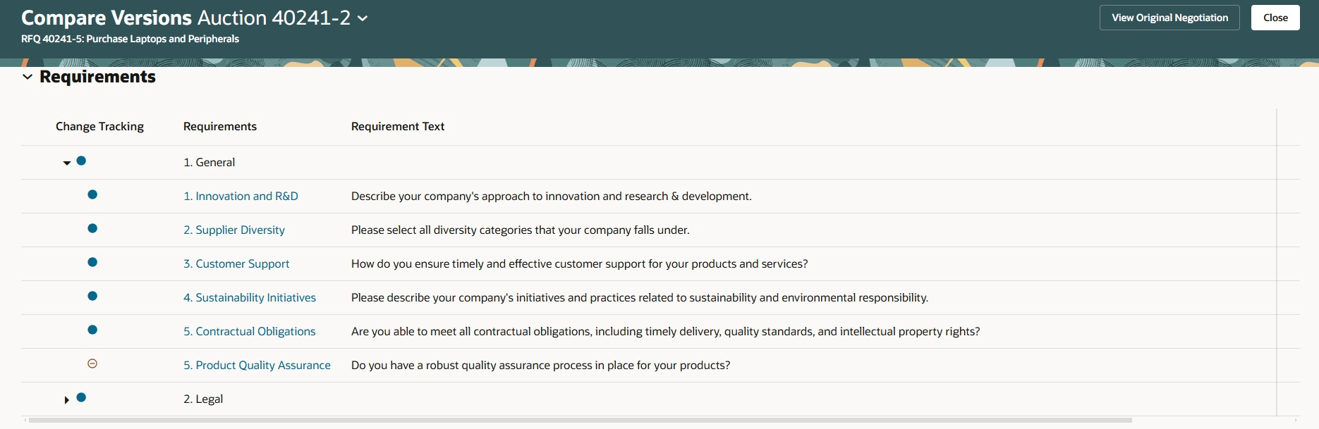 要件の変更トラッキング列にマークされた変更