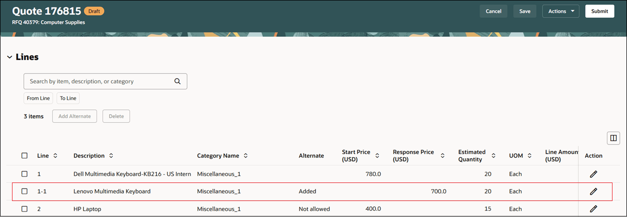 代替応答明細の作成