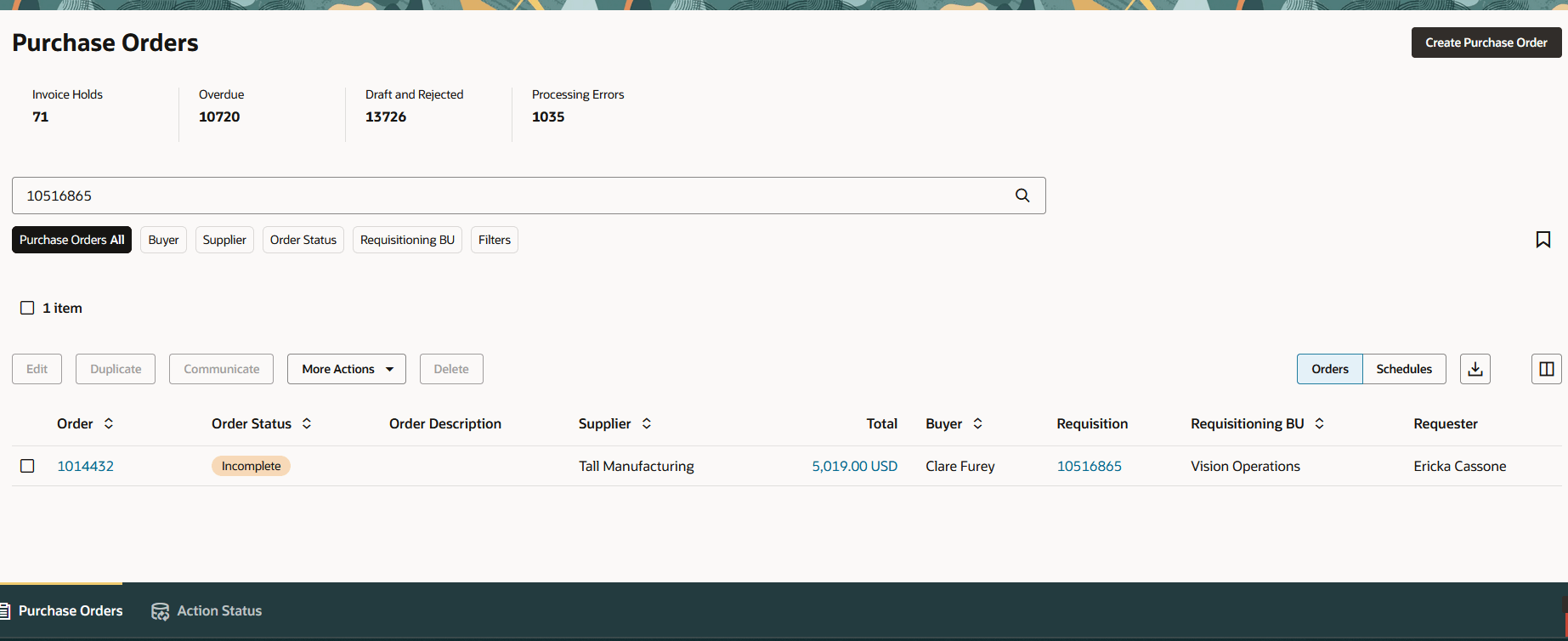 購買依頼番号を使用した購買オーダーの検索